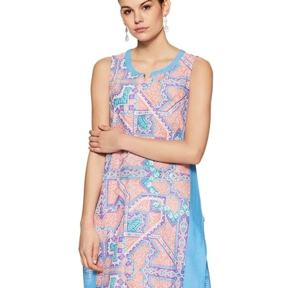 Aurelia XXL Kurta Sleeveless Pink Blue Pattern Indian Attire 100% Cotton - Picture 12 of 13